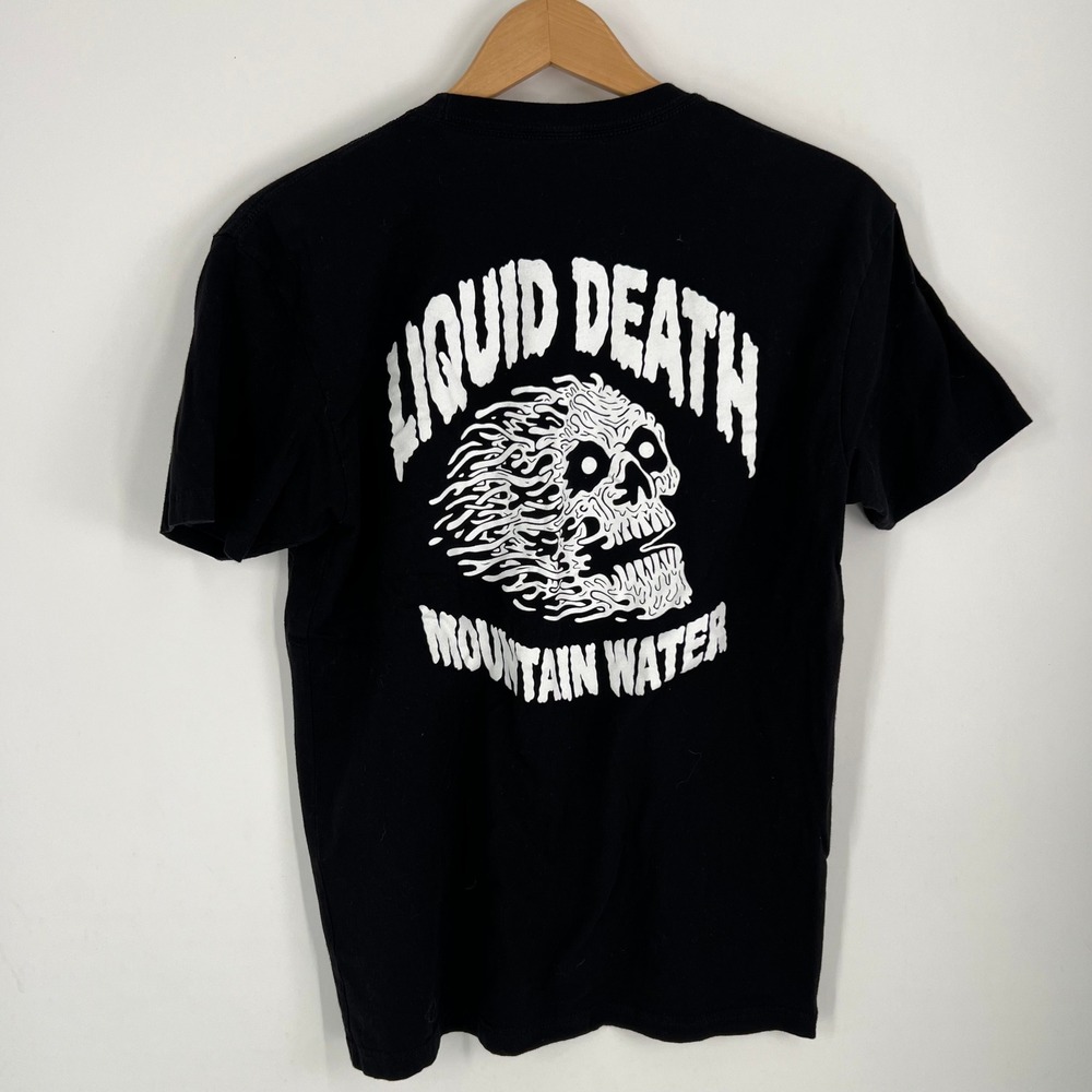 Liquid Death Mountain Water Skull Graphic T-Shirt Mens Medium Black Short Sleeve - Picture 2 of 9